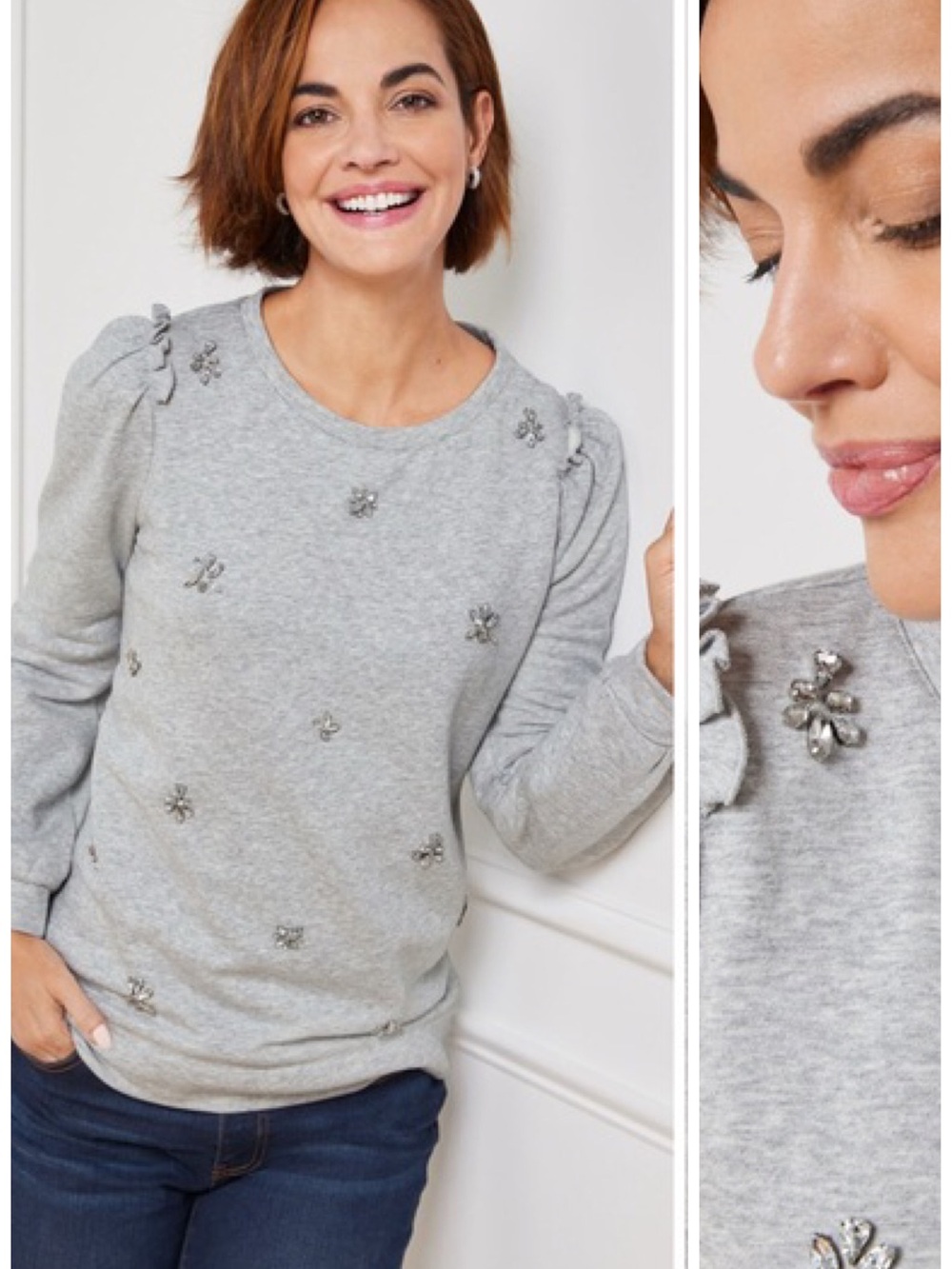 Talbots Embellished Ruffle Shoulder Pullover in Gray Size SP EUC